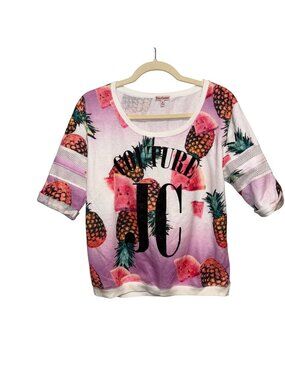 Juicy Couture Womens Graphic Fruit Print Top With Mesh Sleeve Accents Size M